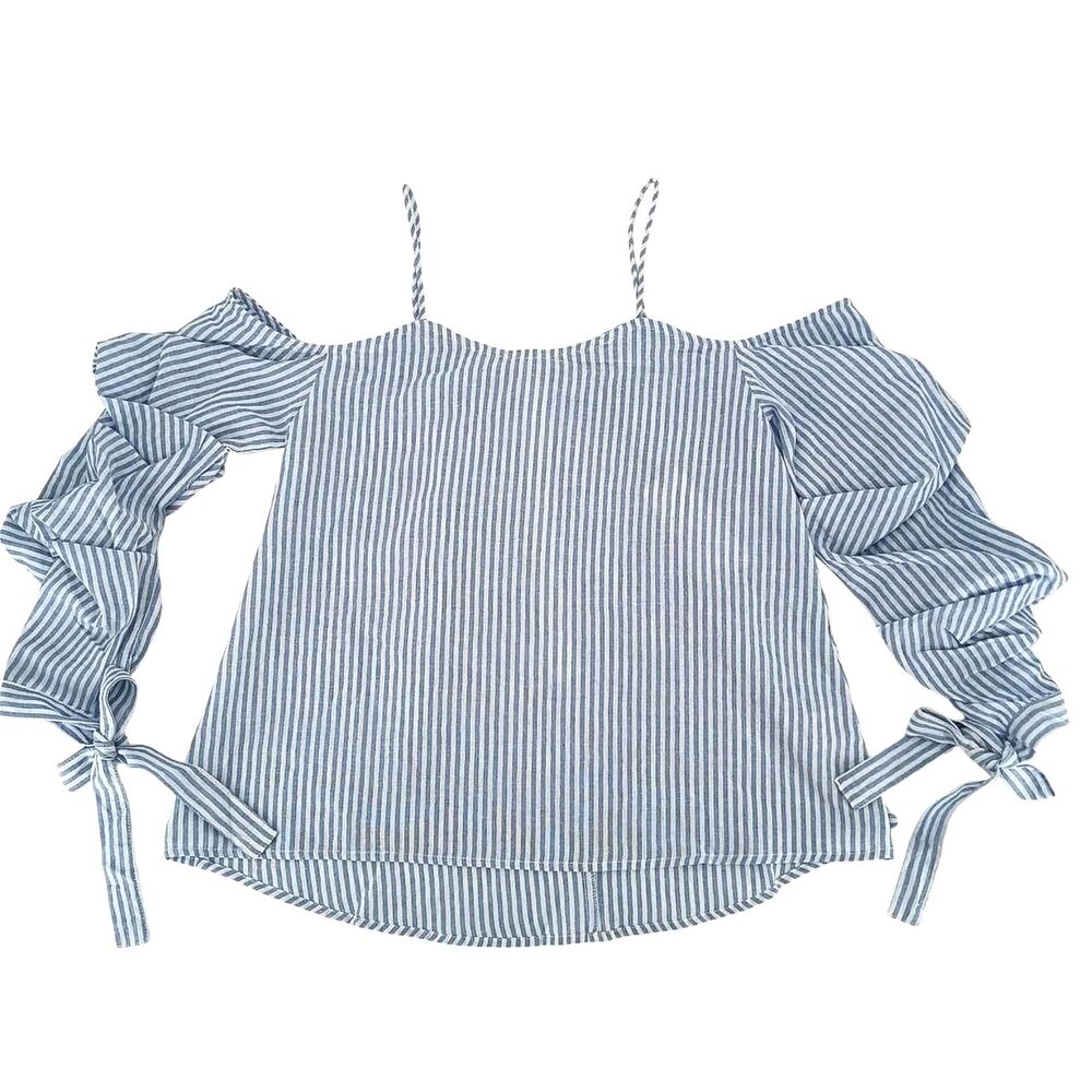 After Market Blue White Striped Ruffle Bow Puff Sleeve Blouse Top S Coastal NWT